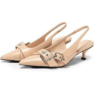 Coutgo Women's Khaki Slingback Closed Pointed Toe Studded Buckle Strap High Heel